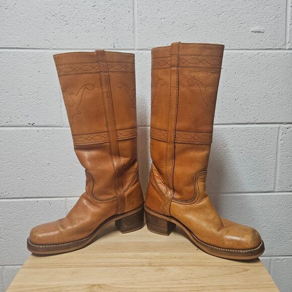 Vintage 70s Tall Campus Boots Mens 8 D Square Toe Orange USA Western - Picture 8 of 8